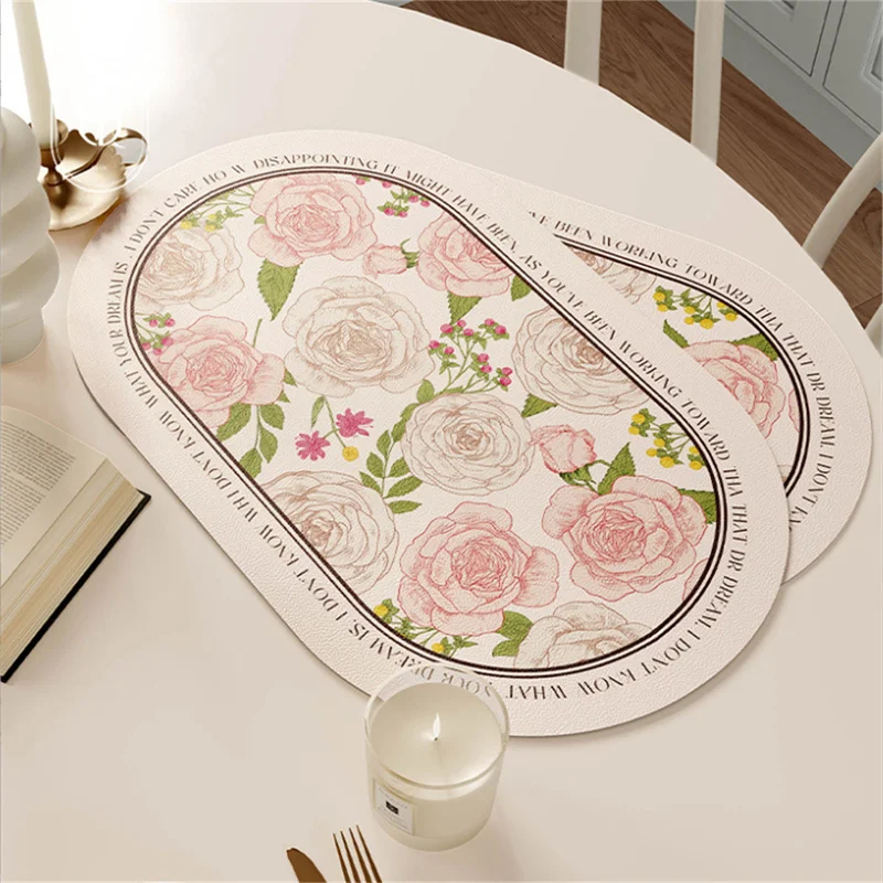1 Stück 30x45CM Rosa Blumen PU-Leder Ovales Tischset Wasserdicht Ölfest Wärmeisolierend Küchen-Esstisch-Matte Western-Essgeschirr-Untersetzer – Detail 3