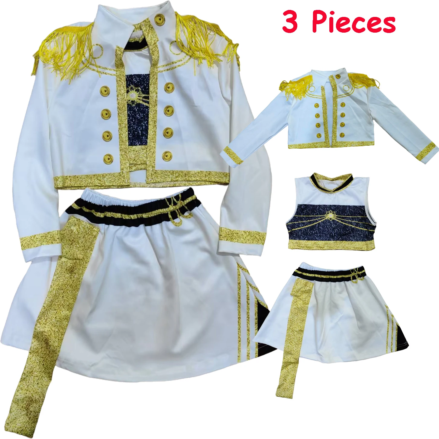 Kinder Anime Cosplay Mädchen Kostüm Gruppen-Idol Sänger Auftrittsshow Schwarz-Goldenes Kostüm Kinder Halloween Party Kleidung Outfit