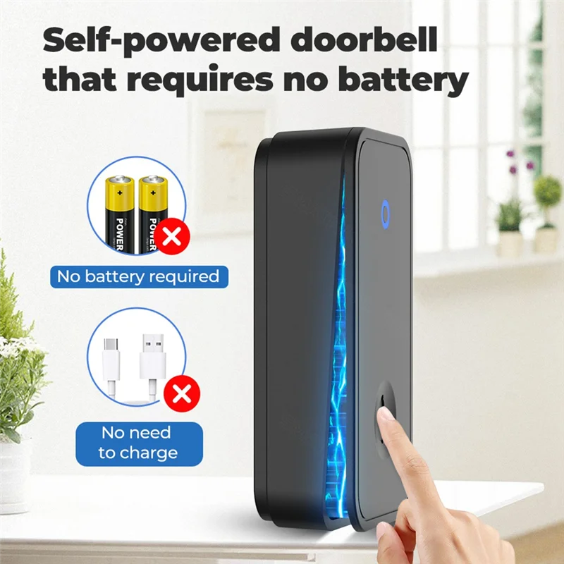

ABKI-Self Powered Wireless Doorbell No Battery Waterproof Door Bell For Kids Elderly Caller 2 Button 1 Receiver