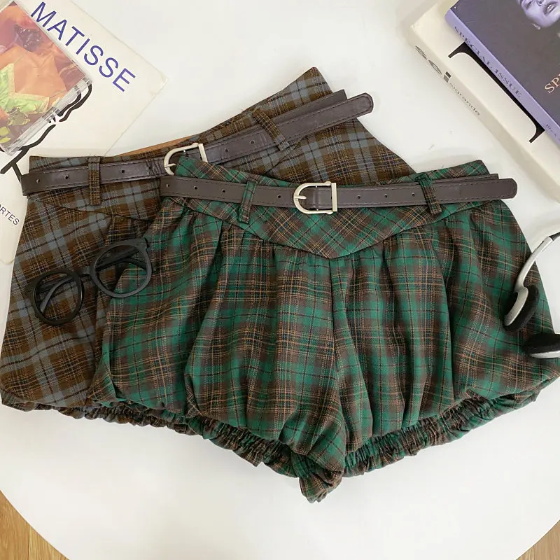 

Женские коричневые шорты в клетку в винтажном стиле Харадзюку, повседневные шорты А-силуэта в стиле Y2K Гяру, с высокой талией, укороченные, для весны и лета