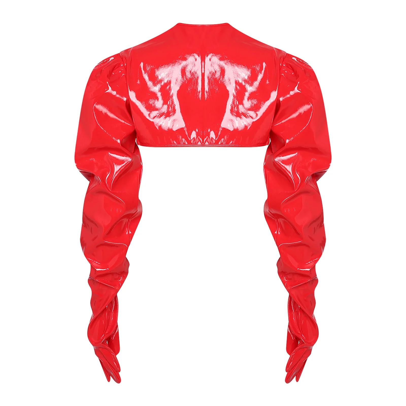 Womens PU Leather Cardigan Puff Loose Long Sleeve with Built-in Gloves Open Front Crop Jacket Shrug Shawls Wet Look Clubwear