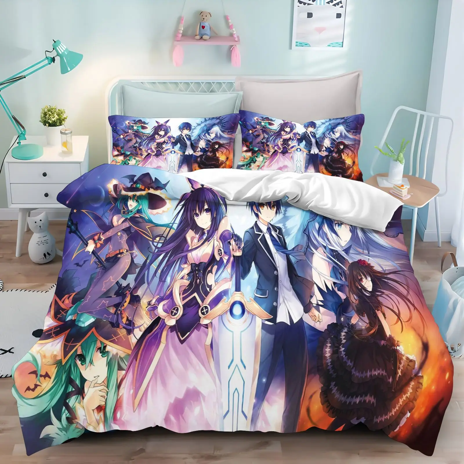 Tokisaki Kurumi Date A Live Anime Duvet Cover Set 3D Gothic Lolita Print Bedding 3 Piece Set With Pillow Shams For Otaku Teens