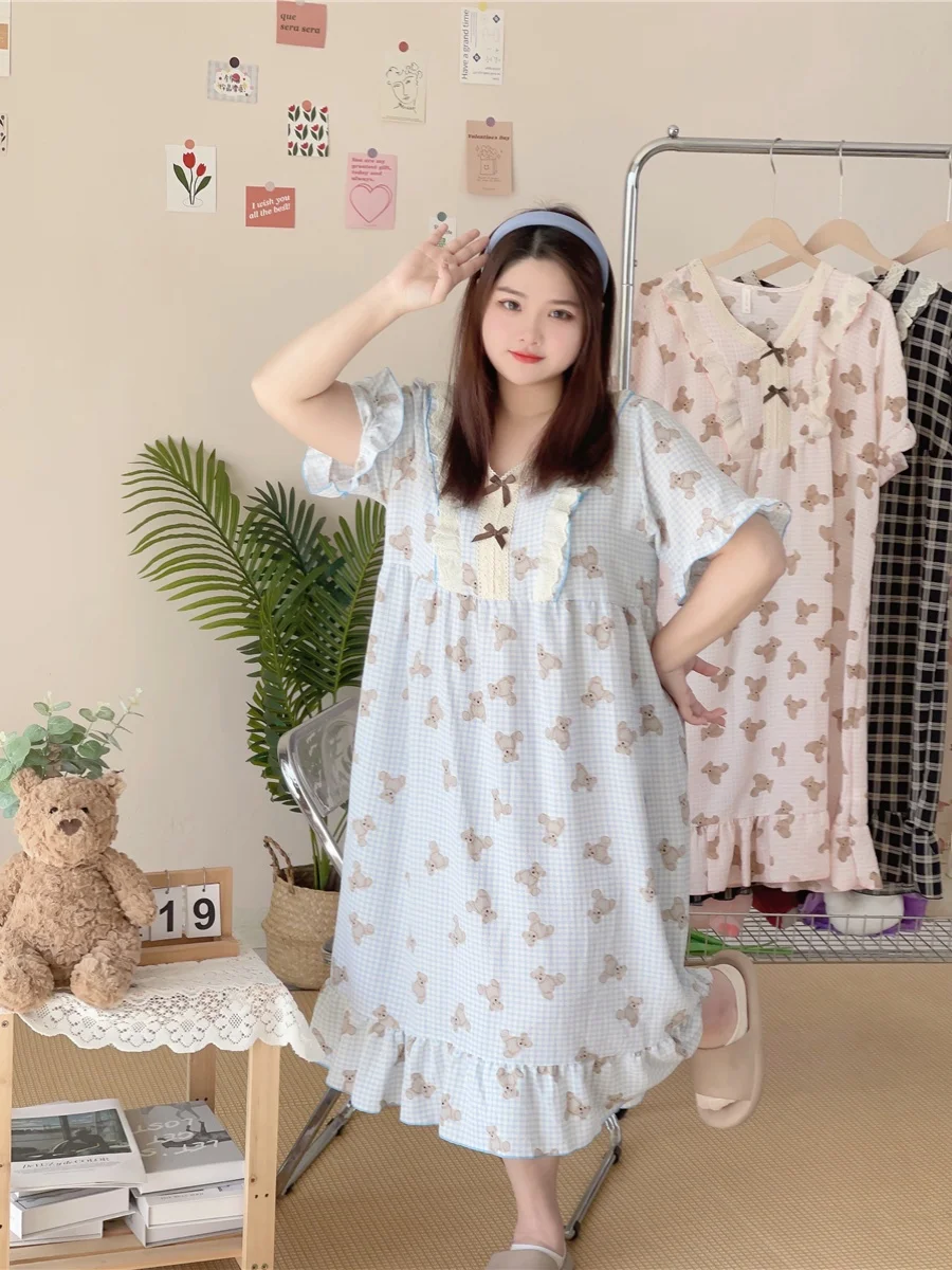 

Adorable Bear Plaid Bubble Gauze Sp Dr for Girls Loose Long Sve V-Ne Spring Summer Home Clothes Teenage Spwear
