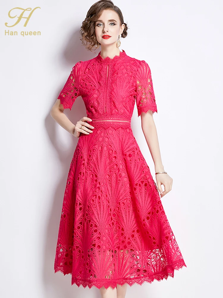 H Han Queen 2024 Spring New Elegant Party Dresses 2024 Floral Crochet Hollow Out Lace Vestido Patchwork Casual Office Midi Dress