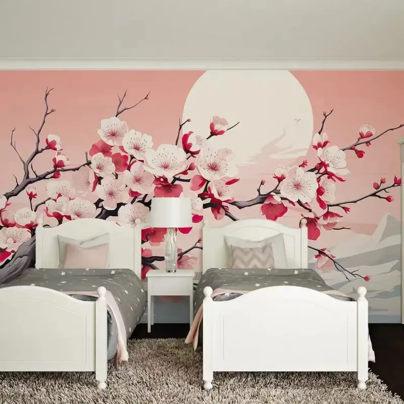 

Custom mural wallpaper Modern new Chinese hand painted Meihua Mountain sun photo mural bedroom background wall wallpaper