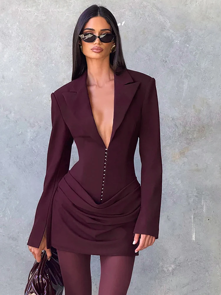 

JULISSA MO Sexy Deep V-neck Ruched Women Dress Black Long Sleeve A-line Mini Dress Female Autumn Skinny Elegant Party Club Dress