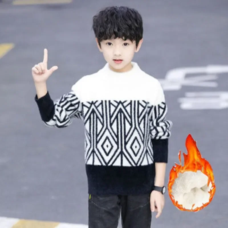 Boys Sweater Plucked 2023 Autumn Winter New Children\'s Thickened Fashion Christmas Sweater Boy Winter Kids 7 9 8 10 11 12 Years