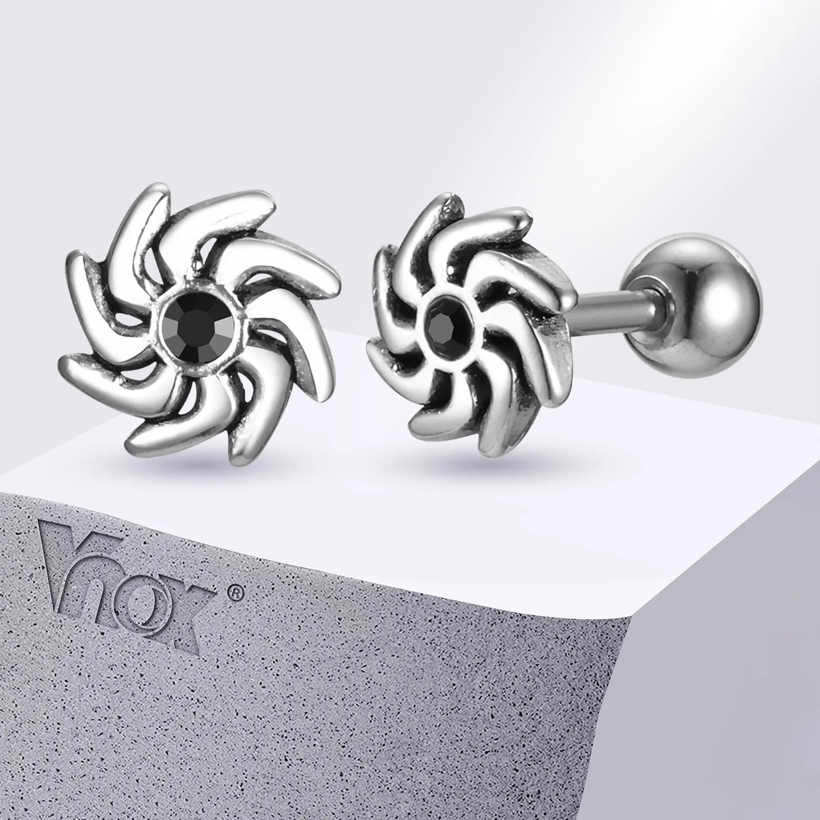 Vnox Mens Stainless Steel Spiral Stud Earring, Windmill Shaped Earrings with AAA Black Cubic Zircon Stone, Unisex Jewelry