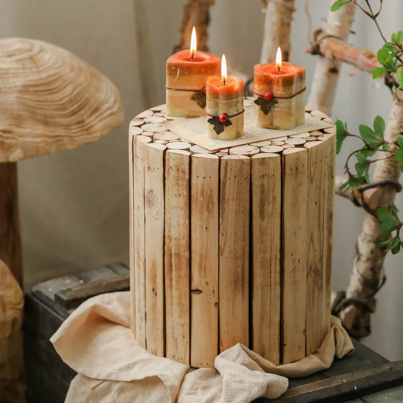 Splicing solid wood small round stool Internet celebrity homestay style decoration, living room wabi wind furniture courtyard st