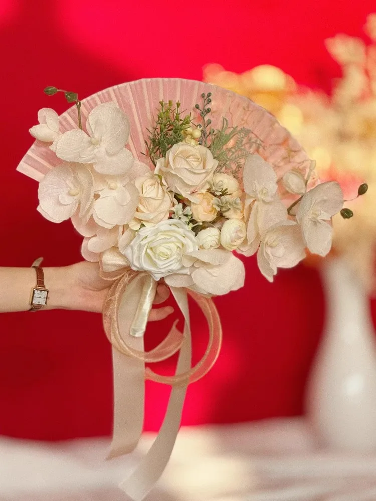 Chinese Folding Fan Bridal Bouquet Handmade Wedding Prop Photography Vintage Oriental Style Bride Accessories for Wedding Photo