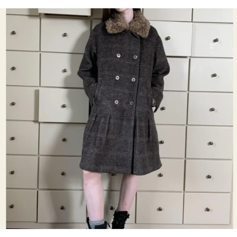 

Gray Plaid Collar Retro Fur Collar Plaid Loose Lapel Woolen Japanese Versatile Premium New Coat