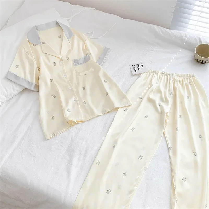 Cute Kawaii Little Bear Women\'s Pajamas French Y2k Elegant Harajuku Lazy Casual Nightgown 2024 New Summer Short Sleeve+pant Set