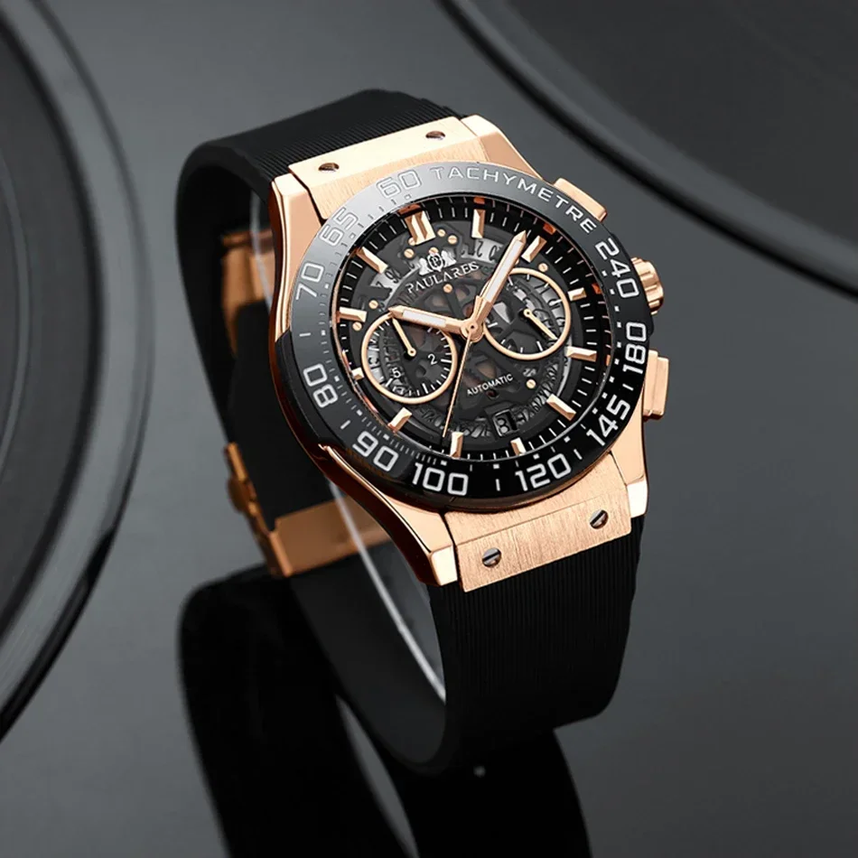 Luxury Chronograph Skeleton Ceramic Bezel Blue Luminous Automatic See Through Rose Gold Titanium Rubber Men Quartz Watch