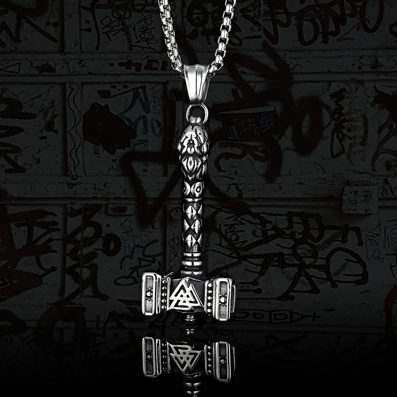 Nordic Viking Thunder God Hammer Odin Totem Wolf Pendant Necklace Men Stainless Steel Long Chain For Boyfriend Punk Hip Hop Gift