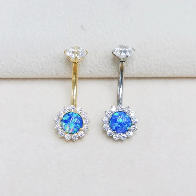 10PCS Body Jewelry-G23 Titanium CZ Flowers Smart Opal Navel Belly Button Body Piercing 14G Navel Curve Barbells Belly