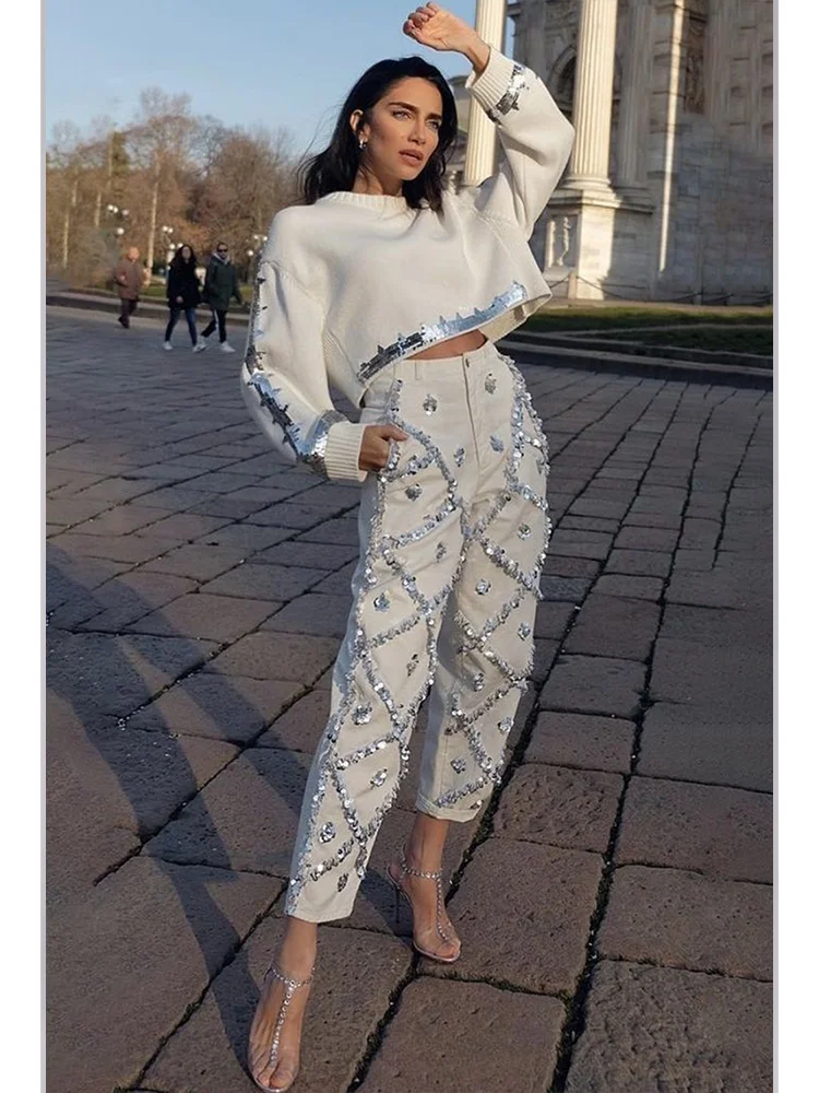 Women's Solid Color Sequined Knitted Sweater Fashionable Sequined Short Casual Retro Pullover Sequined Knitted Women's Pants