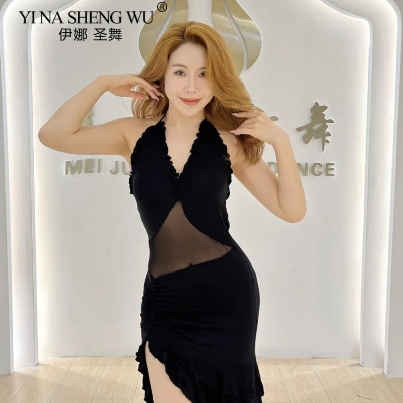 زي الرقص الشرقي فستان الممارسة اللاتينية عارية الذراعين المرقعة شبكة تنورة المرأة أداء الزي السالسا التانغو أداء الملابس #2