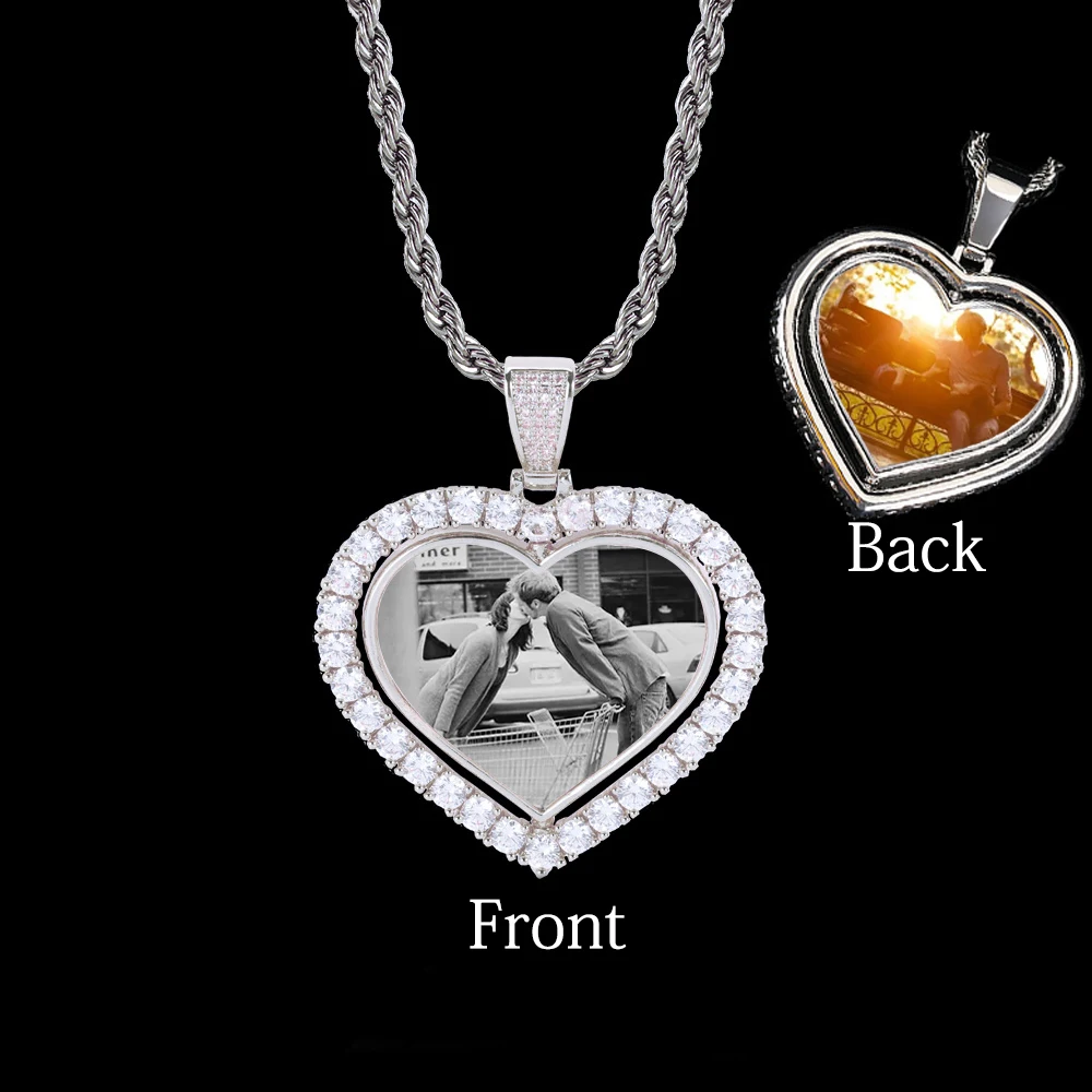 

Rotatable Heart Shape Double Sided Photo Pendant Necklace Micro-Inlaid Zircon Commemorative Photo Frame Necklace