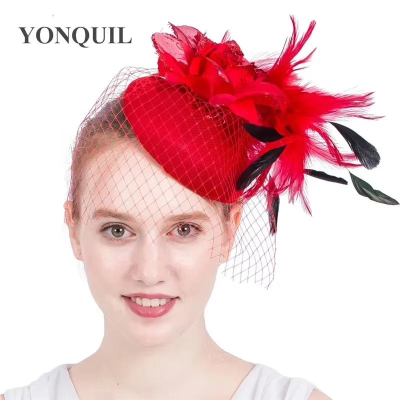 Noiva feminina casamento vermelho fascinator moda flor festa chapéu véu pena senhora noivas acessórios para o cabelo ano novo millinery presente