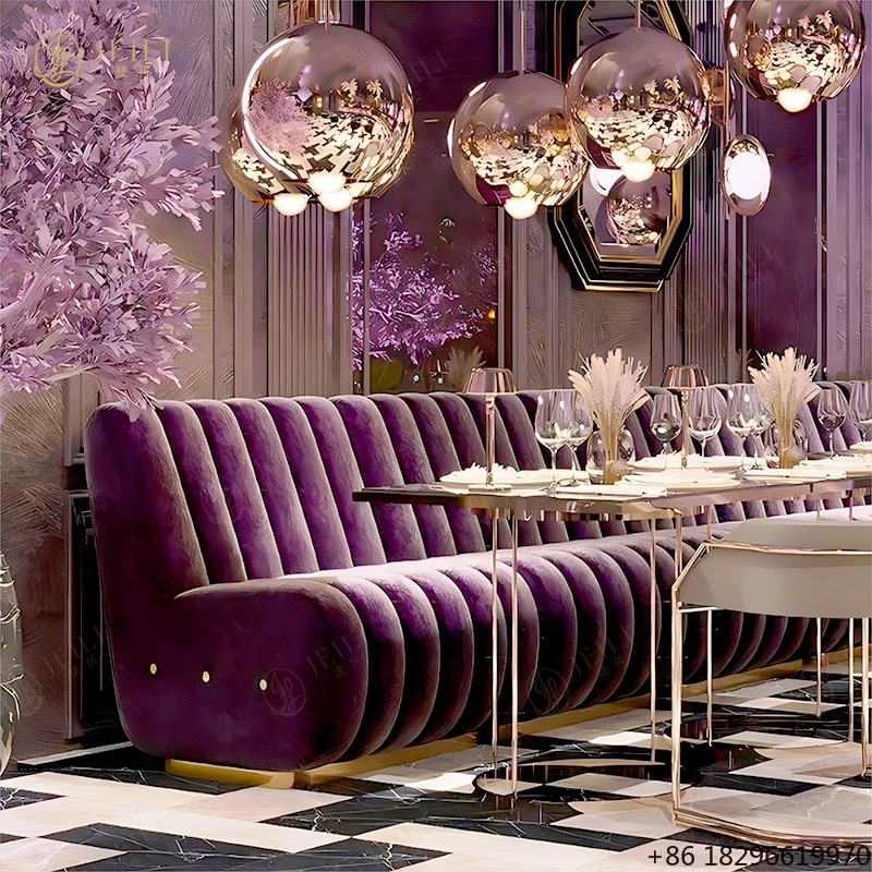 

Light Luxury Hotel Restaurant Table Chairs Purple Velvet Booth Sofa Bench