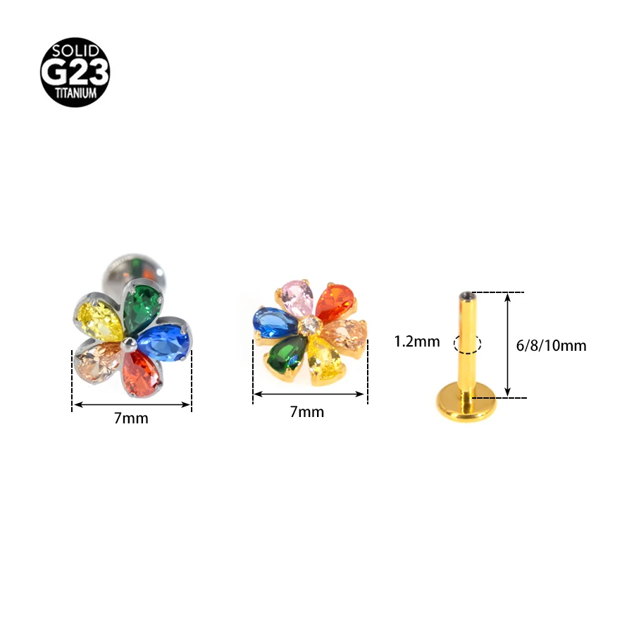 1Pc Spliced zircon Flower Body Jewelry G23 Titanium Colorful CZ Lip Labret Bar Ear Helix Tragus Rook Bar Stud Body Piercing Jewe