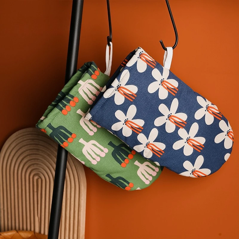 Handmade Cotton Linen Heat Resistant Oven Gloves with Hanging Loop Microwave Kitchen Cooking Baking BBQ Gift