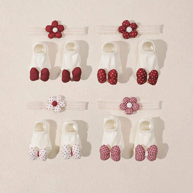 

Набор из 2 предметов: повязка на голову с цветочным узором и красными носочками, милый комплект для новорожденных девочек, эластичные хлопковые носочки-тапочки, головной убор для принцесс