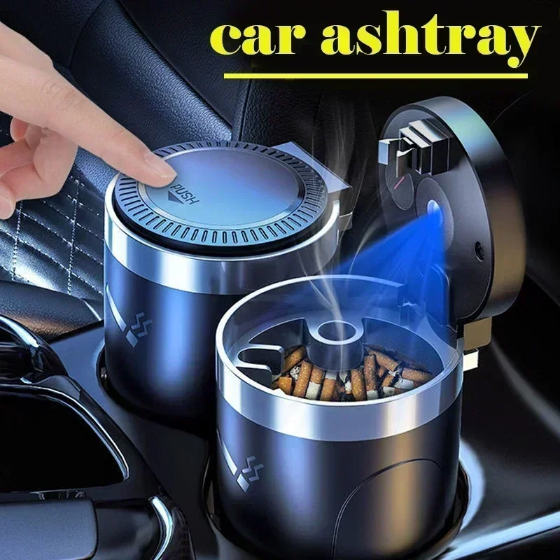 Luxury Car Ashtray Portable Automotive Smell Proof with Lid LED Blue Light Trash Can Single Holder Black Golden Red view 5