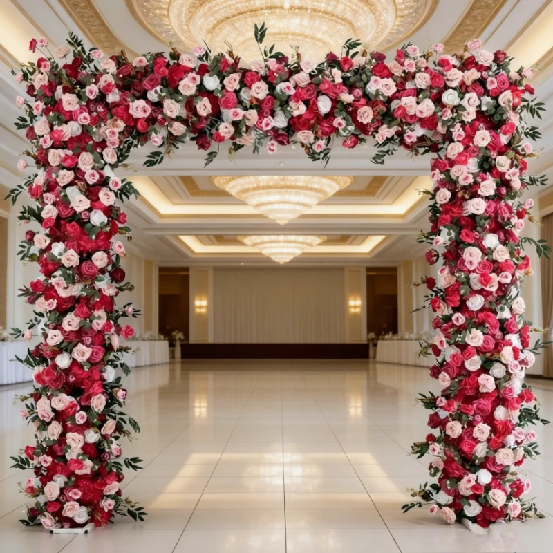 

Fuchsia Simulation Rose Flower Row Iron Arch Ornament Wedding Stage Backdrop Decor Fake Flower for Bridal Shower Reception