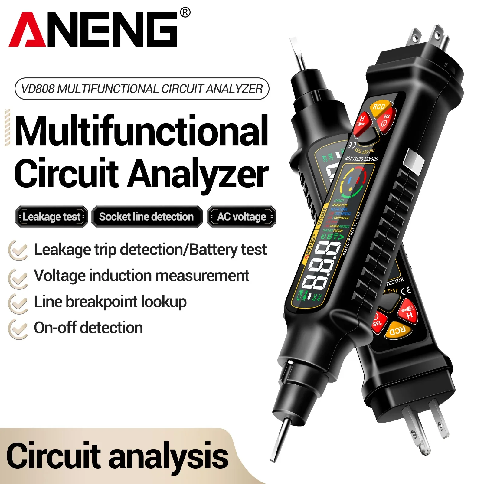 ANENG VD808 Socket Line Voltage Tester 2-440V AC/DC 30mA Leakage Polarity Detector with Flashlight Data Hold Low Battery Alert