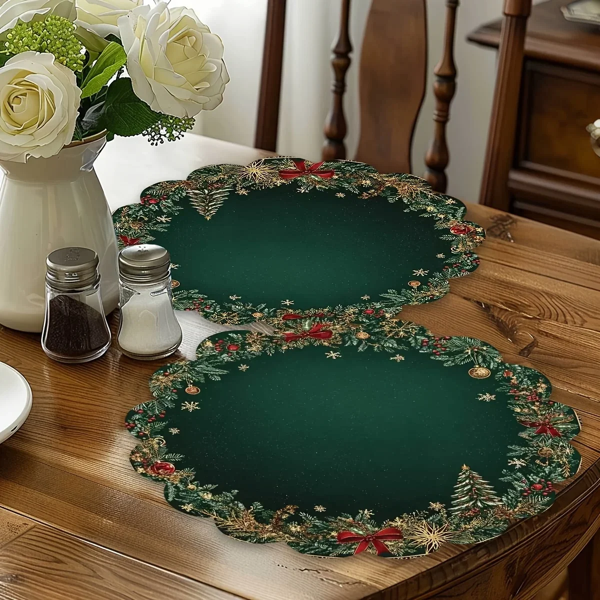 4/6 Stück Runde 38cm Tischsets für Esstische, Weihnachtliche Smaragdgrüne Goldmuster-Tischmatten, Ideal für Weihnachten – Detail 4