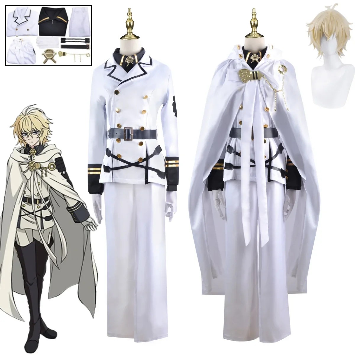 Anime Seraph of The End Mikaela Hyakuya Cosplay Costume White Windbreaker Cloak Uniform Halloween Party Carnival Clothing