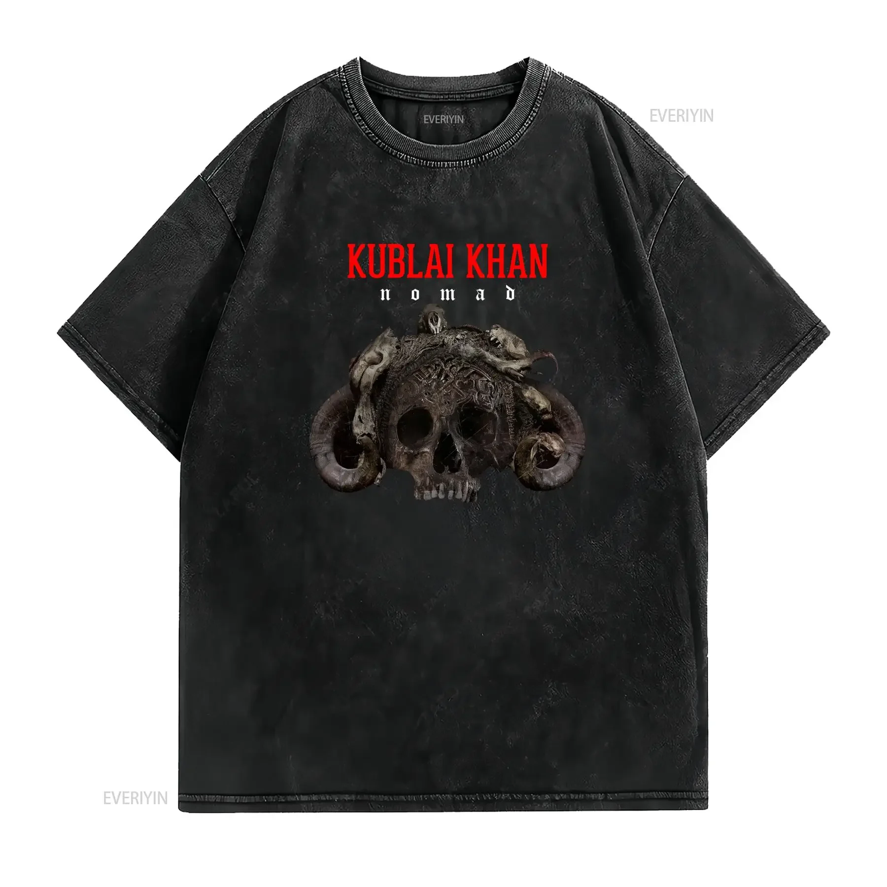 Gothic Heavy Metal Kublai Khan Nomad Skull Print Streetwear Casual T Shirt vintage Washed streetwear fashion