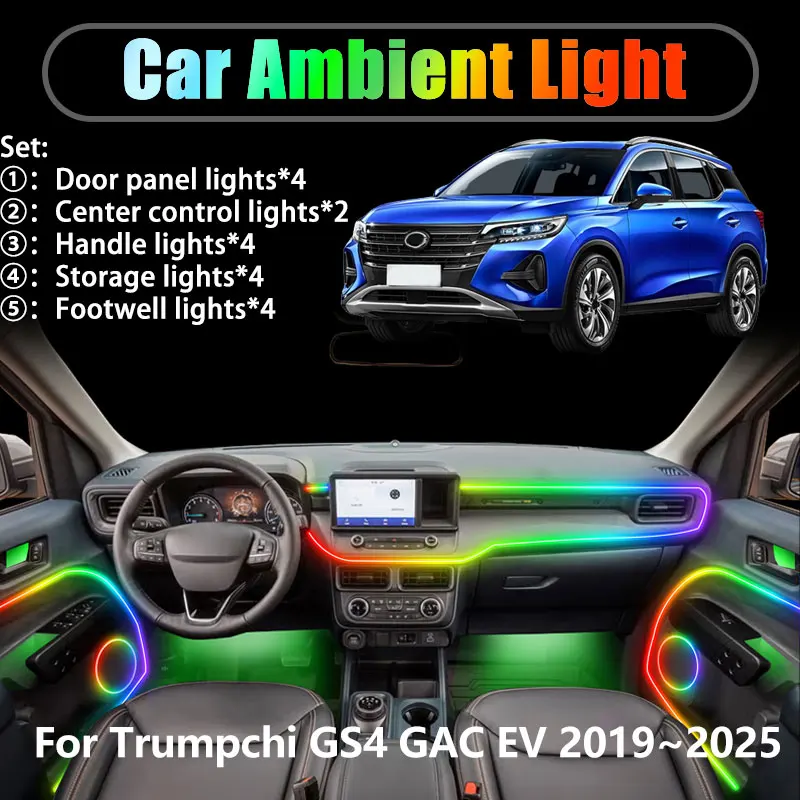 

Для Trumpchi GS4 GAC EV 2019 ~ 2025 2/18 в 1 Автомобильное окружающее освещение Светодиодные внутренние светодиодные фонари багажника USB RGB Ensemble Streamer Auto