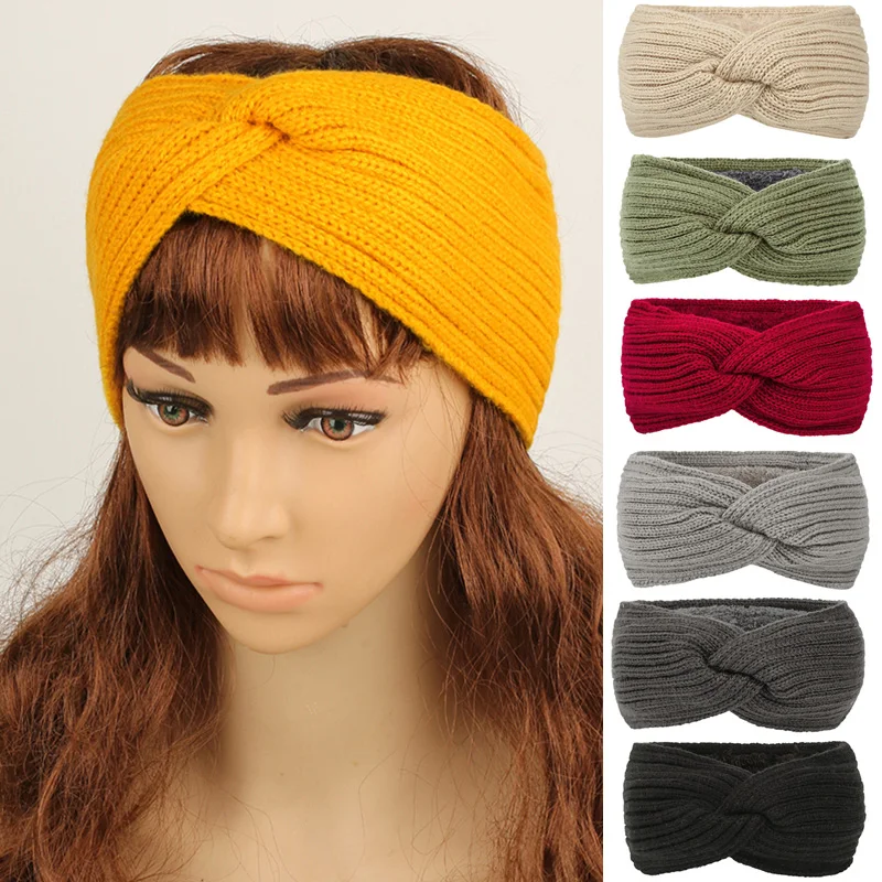 Zima jesień zagęścić Knitting wełniana szeroka opaska na głowę z pluszową wyściółką Headwrap Turban Hairbands dla kobiet utrzymuj ciepłe kobiece