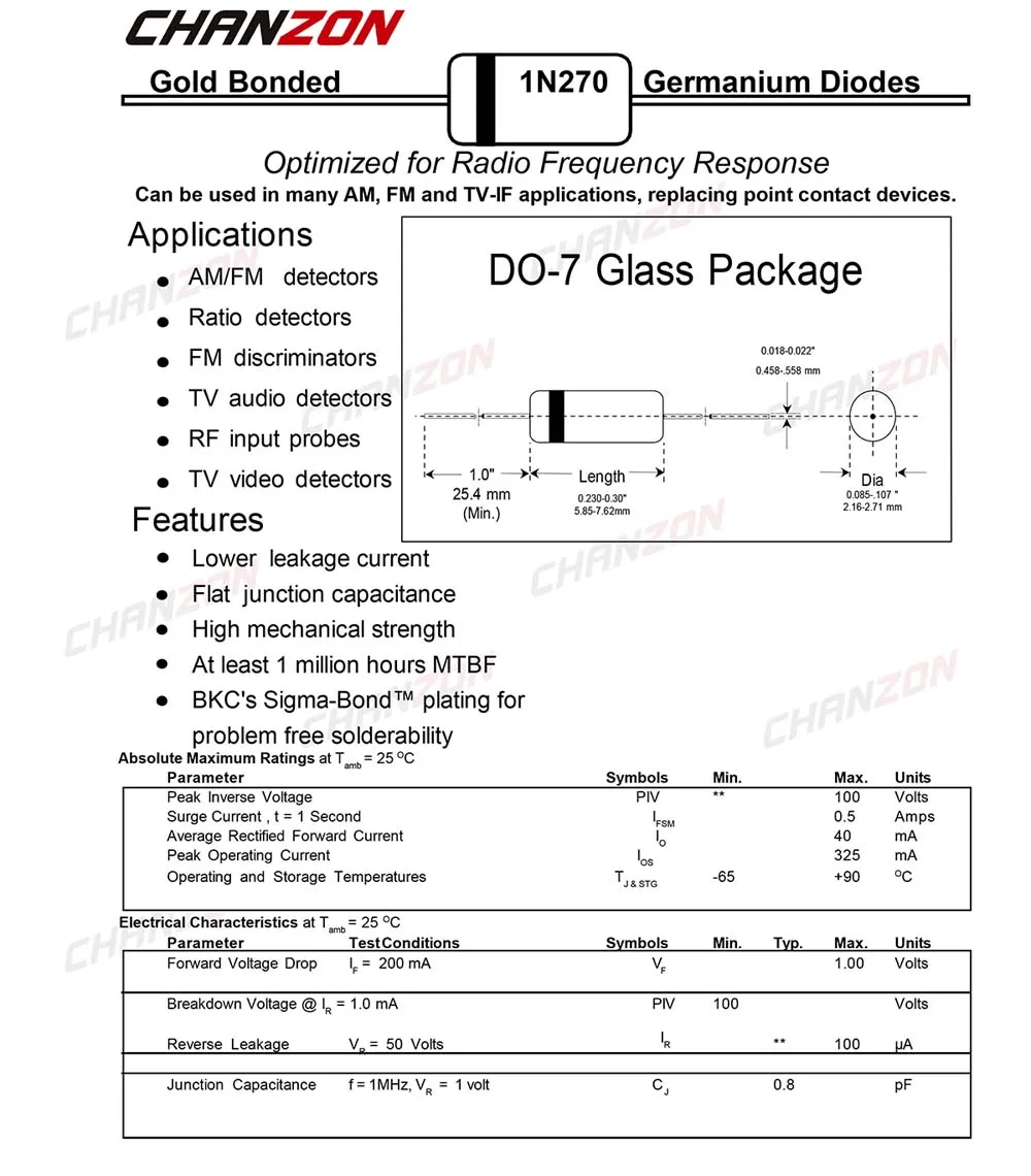 10 Pcs 1N270 Germanium Diodes 40mA 100V DO-7 IN270 1N-270 Glass Axial GE Diodes for TV FM AM Radio Detection