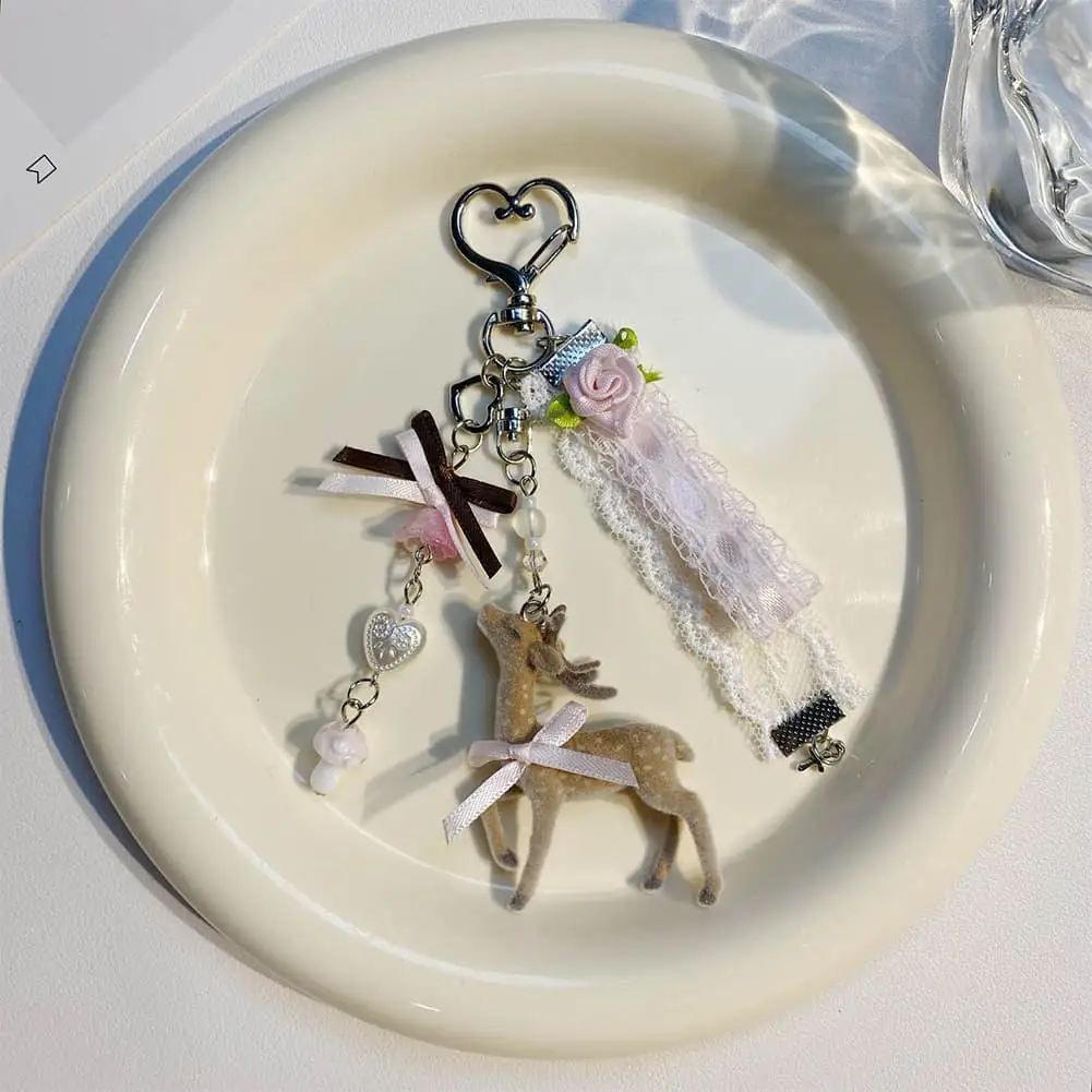 Sweet Floral Lace Deer Key Chain Flocked Sika Fawn Pendant Heart Bead Mushroom Cross Charm Handbag Ornament For Ladies 키홀더