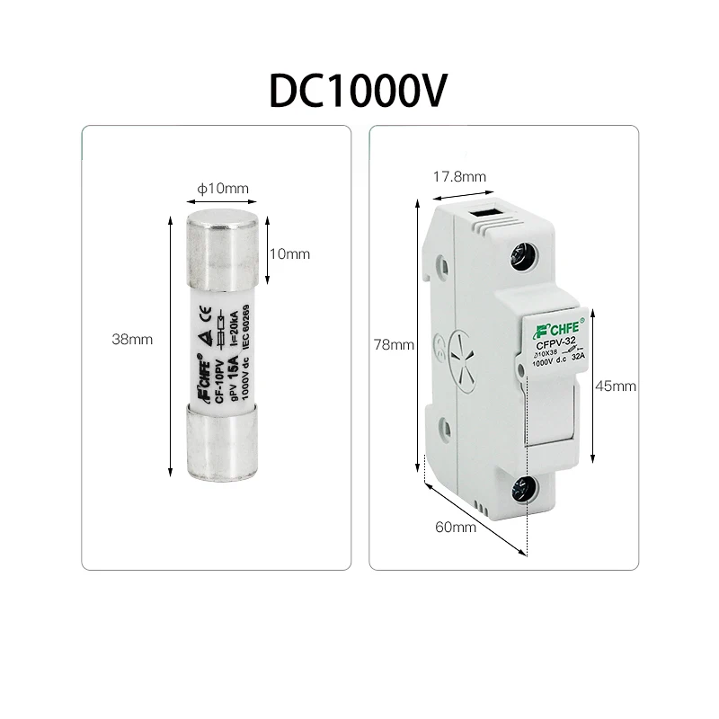 DC1000V/1500V DC Fuse Plug-in Photovoltaic DC Fuse 3A 10A 15A 20A 30A Fuse Holder for Solar Combiner Box