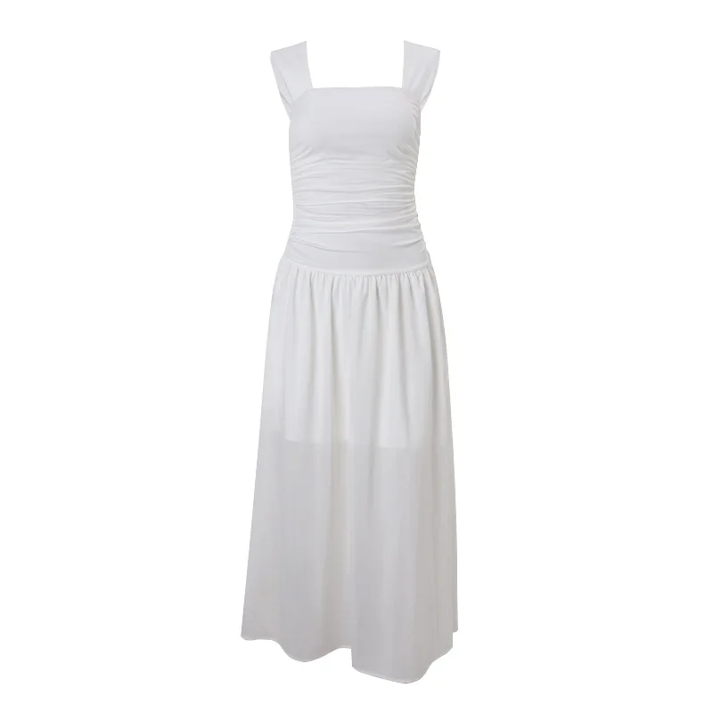 Y2k alça larga panele chiffon reunir maxi vestido dobras formal verão vintage tanque vestido preto feminino festa clubwear longo robe