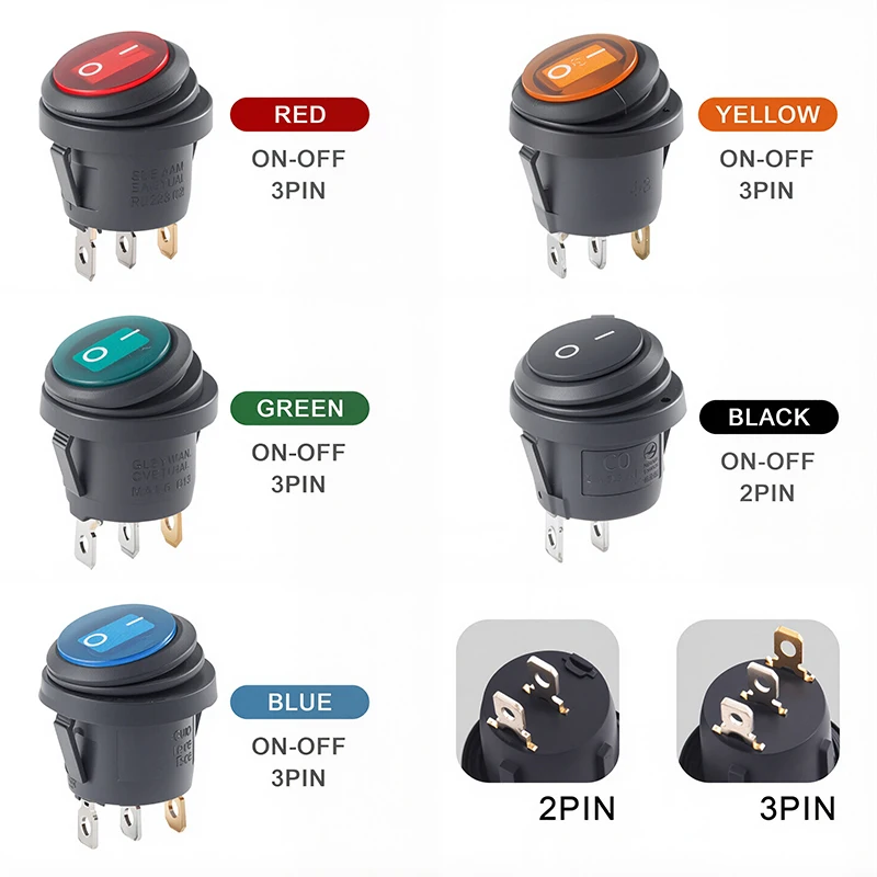 On Off Waterproof Vehicle Boat Switch Round Switch SPST 3Pin Rocker Switch 6A 10A 250V 125V AC LED
