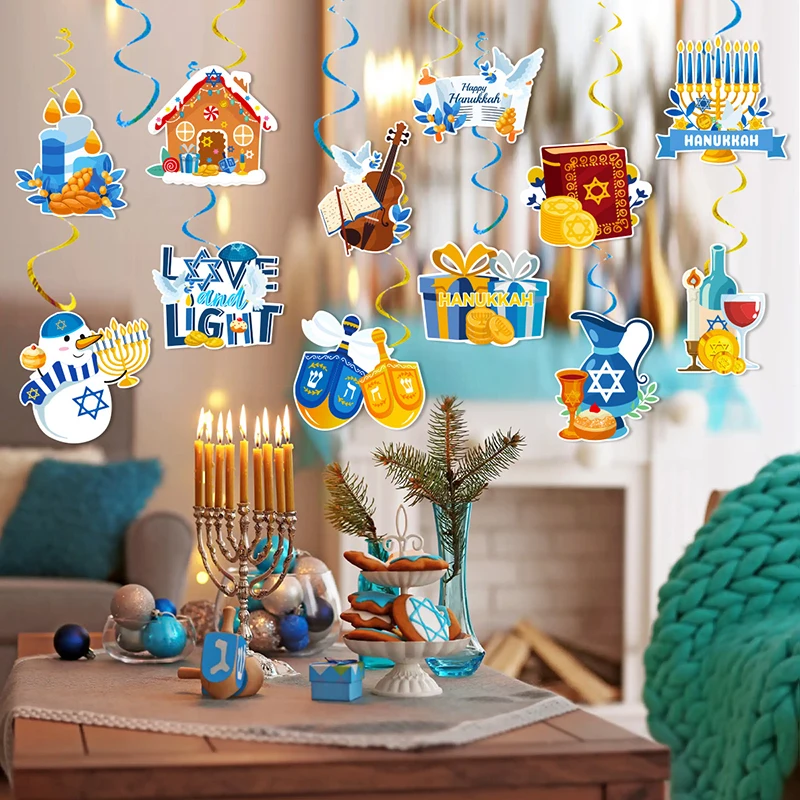 12pcs/set Hanukkah Party Decoration Banner Blue Gold Chanukah Spiral Pendants Home Ornaments Happy Hanukkah Party Supplies