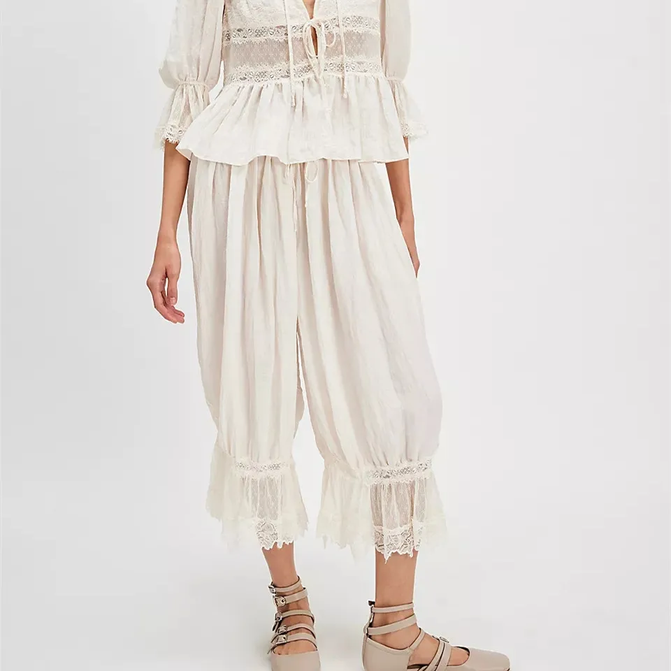 Women Y2K Lace Trim Pants Vintage Pettipants Long Bloomers Pants Under Dress Pantaloons Cute Ruffle Pumpkin Pants
