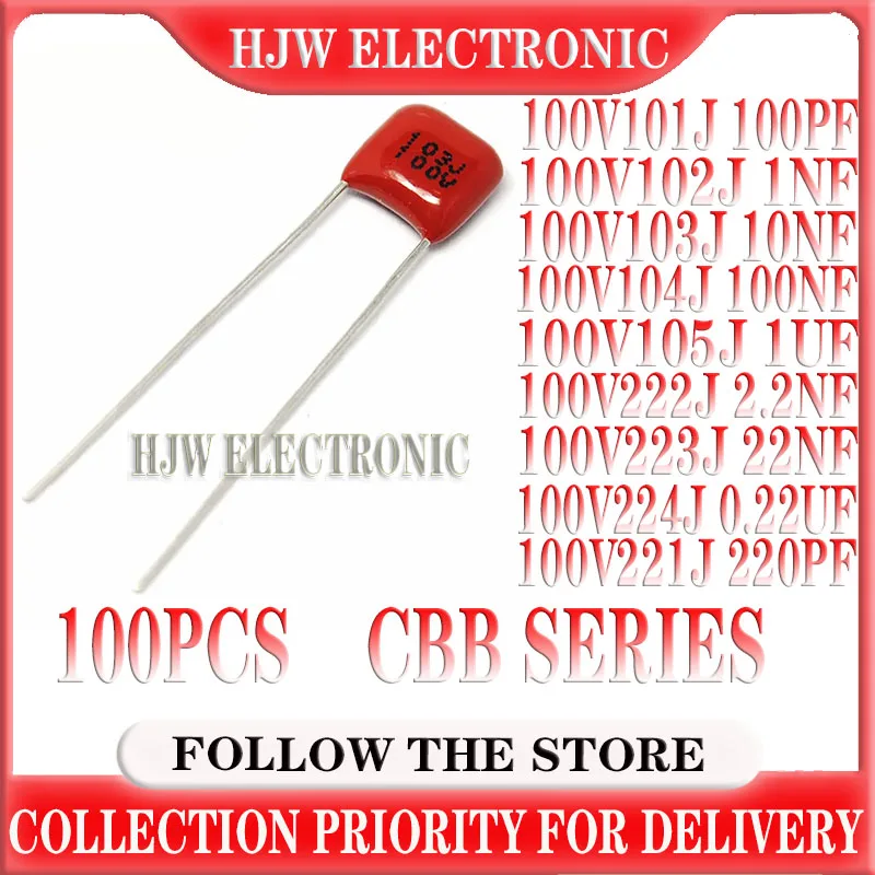 100PCS 100V 101J 102J 103J 104J 105J 222J 223J 472J 473J 221 0.01UF 0.1uF 1UF 1NF 2.2NF 4.7NF 10NF 100PF P=5MM CBB Capacitors P5