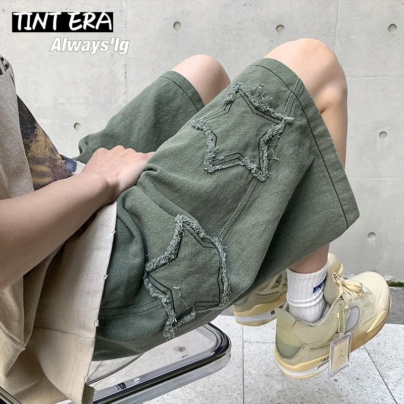 TINT ERA Y2K Mens Streetwear Breeches Star Korean Harajuku Pocket Denim Hip Hop Cargo Short Pants Grunge Bermudas Jeans Shorts