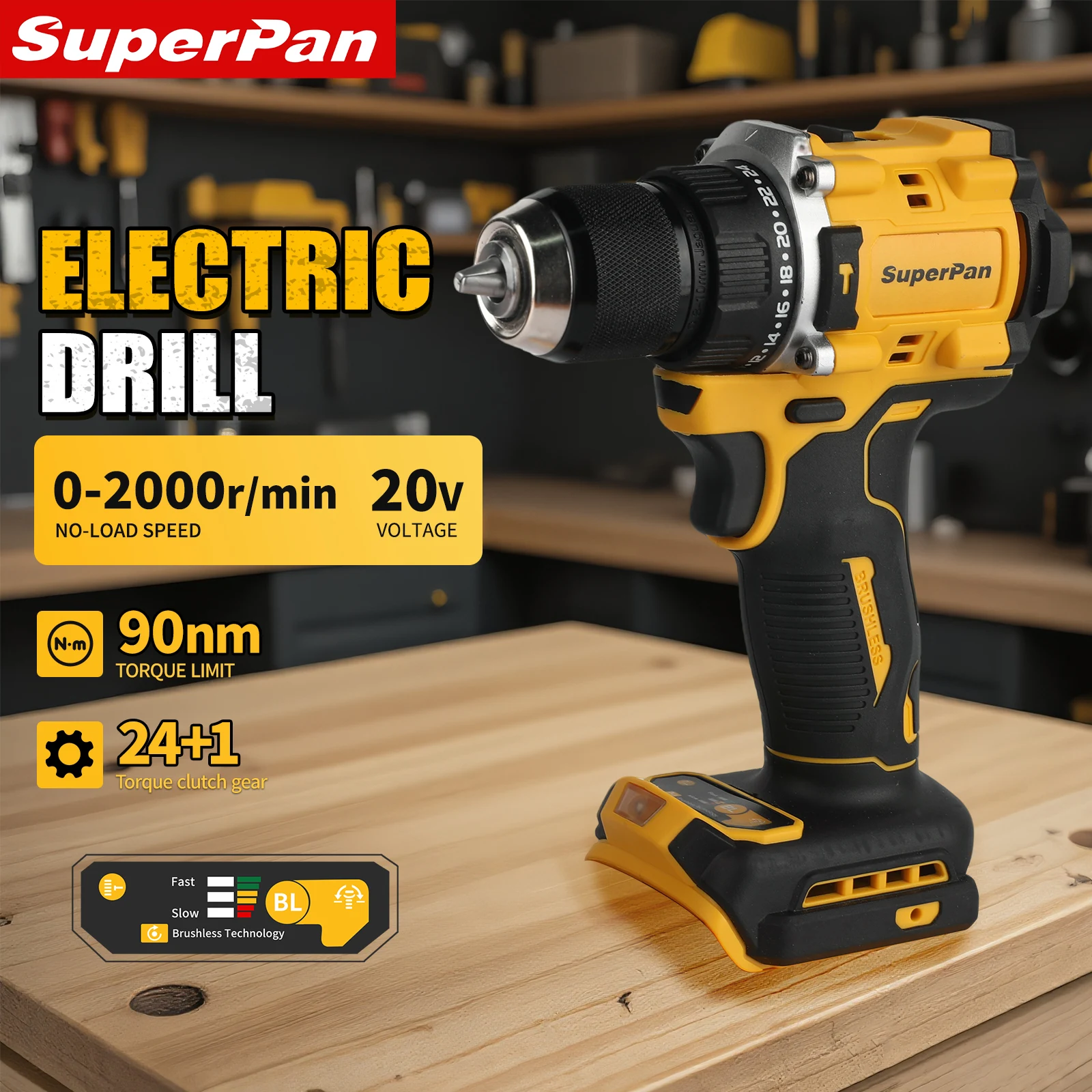 

20V Brushless Drill Driver, 90Nm Torque, 2000RPM, 24+1 Torque Settings, Cordless Power Tool, Bare Unit,For Dewalt