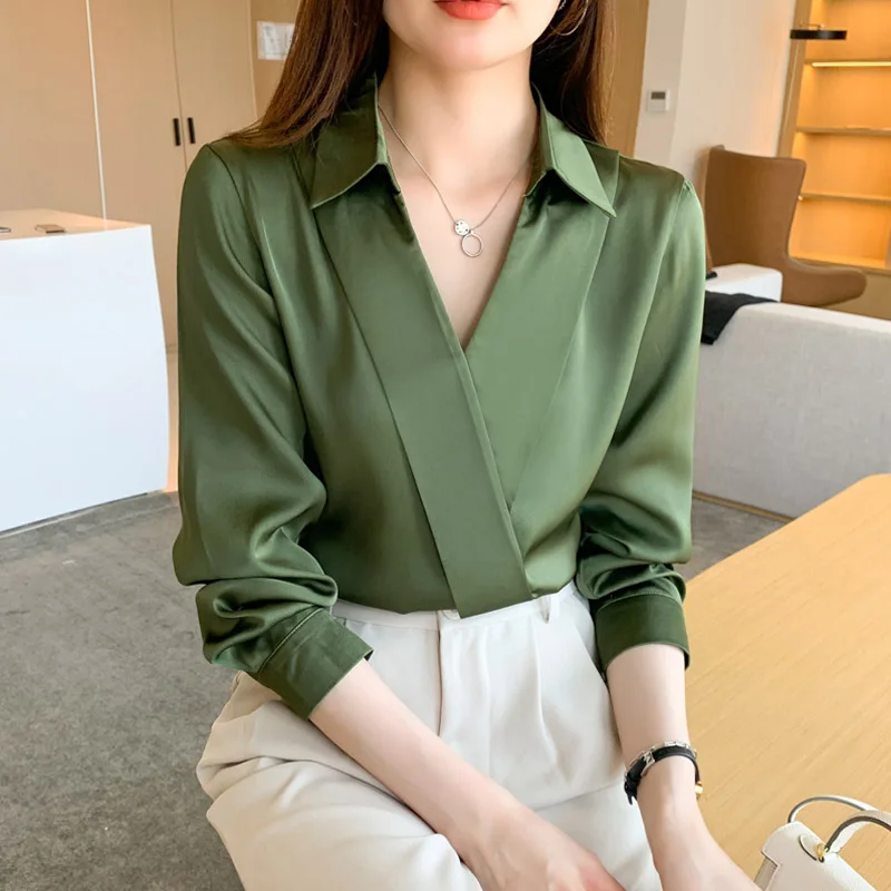 2024 Spring Fashion Solid V-neck Chiffon Blouses Women Clothing Soft Loose Commuting Casual Shirt Top Chiffon V-neck Pullovers