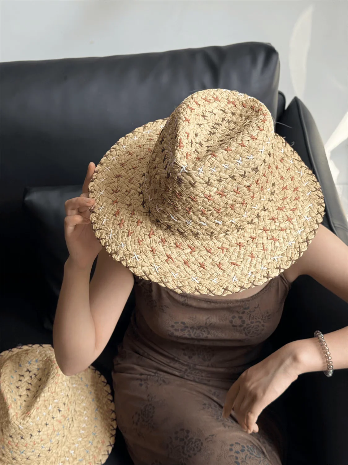 Raffia straw hat for women Bohemian colorful stitched straw hat ladies sun hat beach summer vacation panama hat панама כובע קש