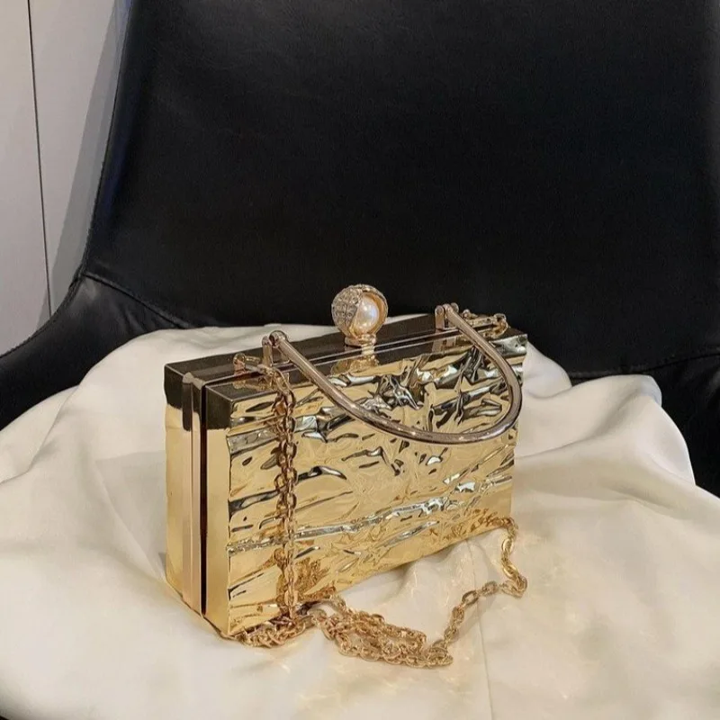 

Golden Textured Clutch Evening Bag Women's Metallic Hard Case Crossbody Purse with Pearl Clasp Chain Shoulder Bag for Party