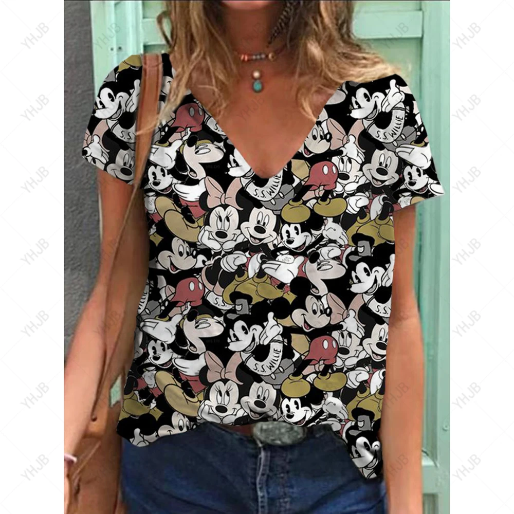 Disney donna 3D Topolino Tee moda scollo a V estate manica corta allentata streetwear abiti femminili maglietta casual da donna ﻿