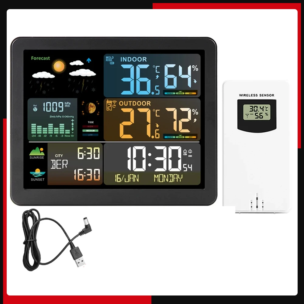 

Умная Метеостанция FJ3566M, комнатный и уличный Измеритель температуры и влажности, с большим цветным дисплеем и 1 датчиком